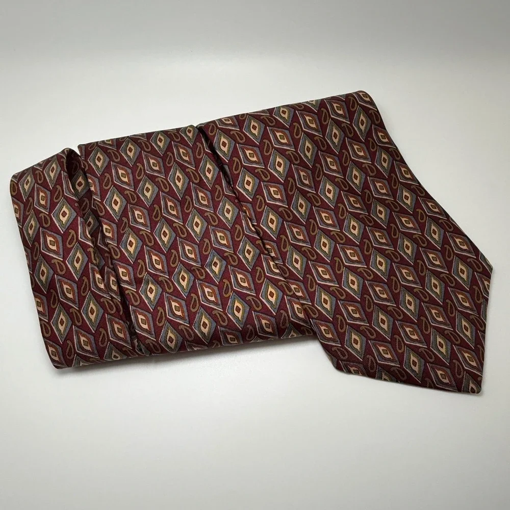 Liberty of London Silk Tie OS Burgundy Geometric Diamond Paisley Dark Academia